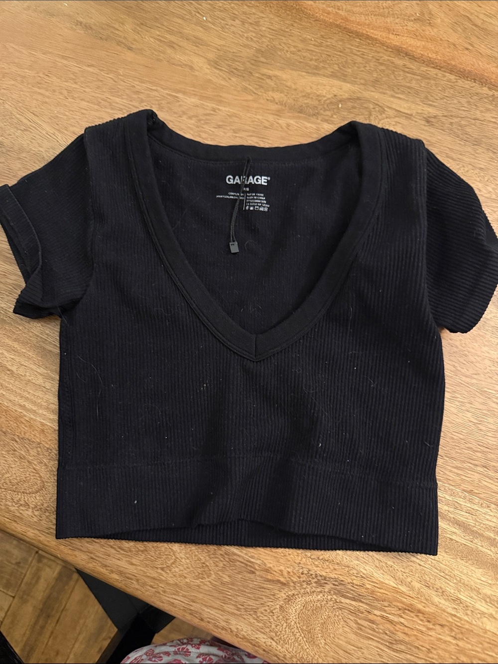 Garage Black Ribbed V-Neck Short Sleeve Crop Top